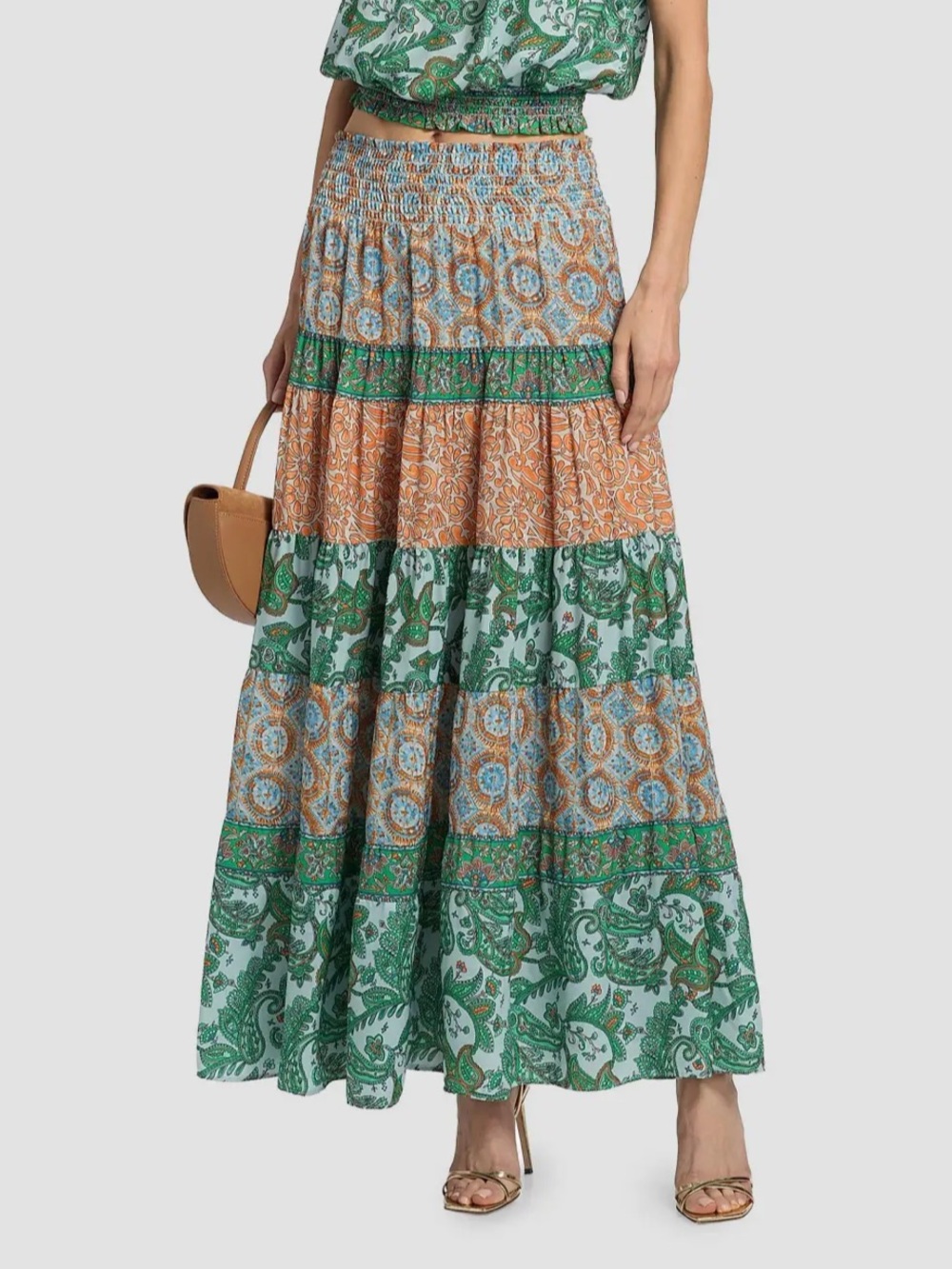 Ramy Brook Tiered Patchwork Print Maxi Skirt Womens M Elastic Waist Boho Fairy